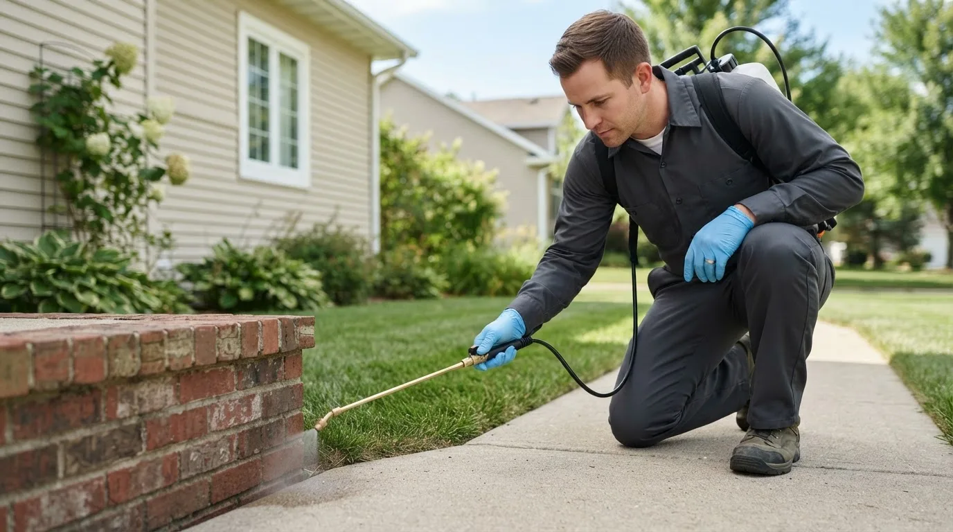 Pest control technician treating a home near Rolette, ND