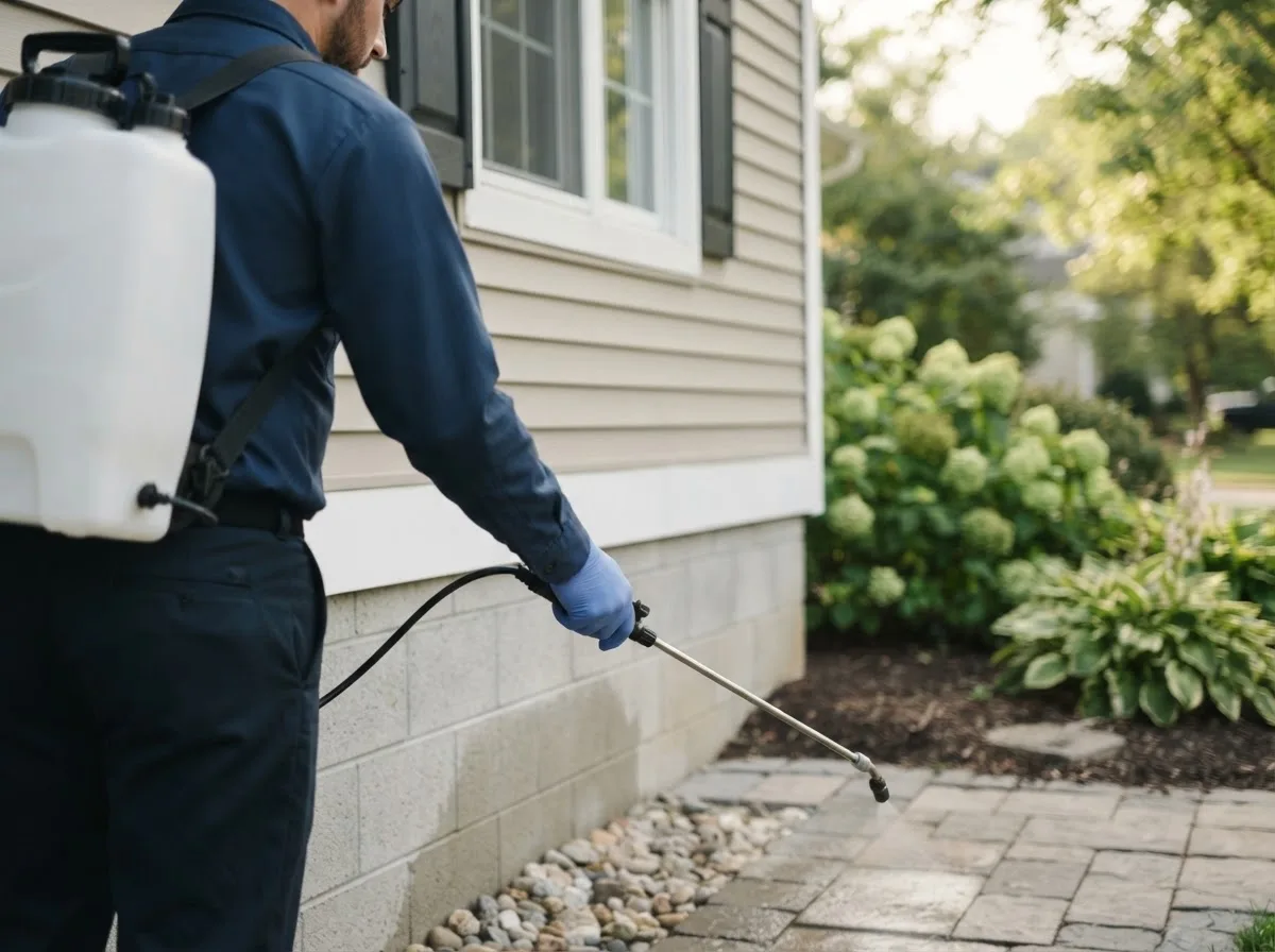 Pest control technician inspecting a home in Rolette, ND